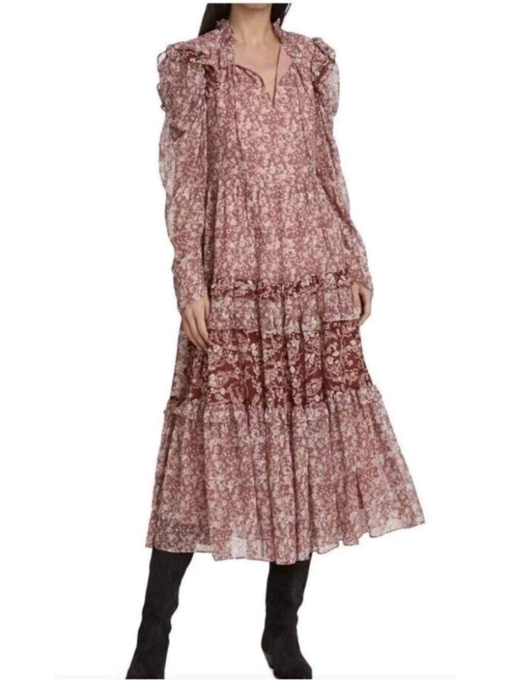 En Saison Metallic Floral Tiered Midi Dress Medium Long Sleeve Boho DR-1942